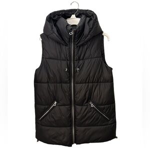 Zara Black Long Puffer Vest with Hood  Size Medium